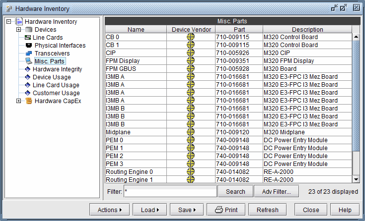 Hardware inventory interface showing a list of miscellaneous parts with columns for Name, Device Vendor, Part, and Description. A tree navigation panel on the left and action buttons like Load, Save, Print, and Refresh are also present.