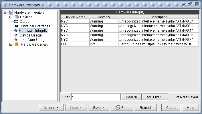 Software interface for managing hardware inventory with a hierarchical menu and a table showing hardware integrity issues, device names, severity levels, and issue descriptions.