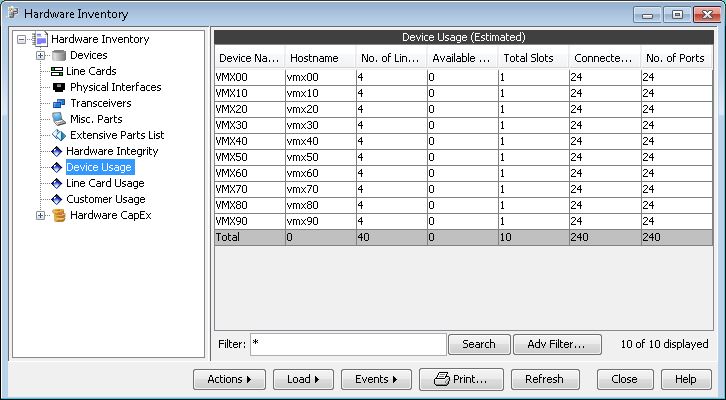 Software interface screenshot displaying a Device Usage Estimated table with device details and a navigation pane for hardware management categories.