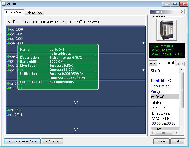 Network management tool interface showing logical view of Juniper Networks MX960 router ports with status, detailed port info, and router properties.