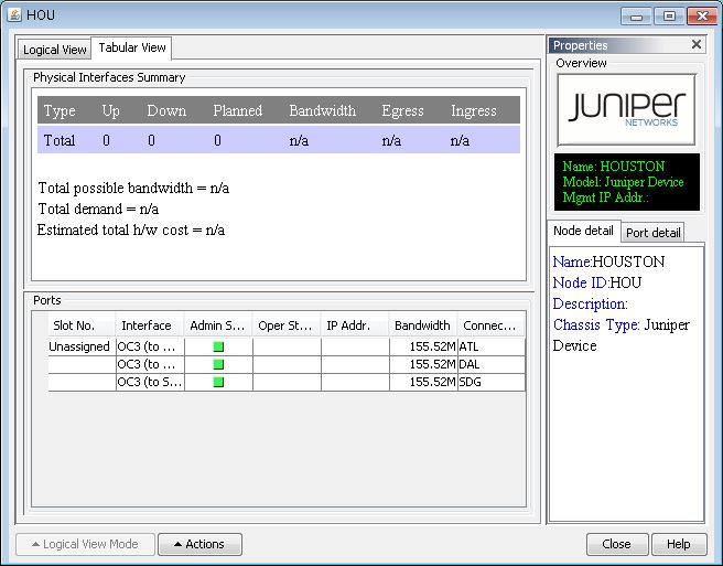 Network management interface screenshot for Juniper Networks device HOUSTON, showing physical interfaces summary with metrics mostly marked n/a, ports section detailing slot number, interface type like OC3, admin and operational status as up, IP address, bandwidth 155.52M, and connection locations like ATL. Properties panel highlights device name HOUSTON, model, and chassis type. Tabs for logical and tabular view, actions button for device tasks.