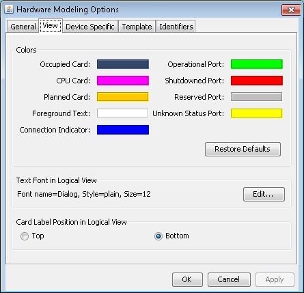 Hardware Modeling Options window with View tab for customizing hardware status colors and options to restore defaults, edit font, and set card label position.