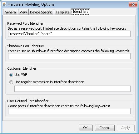 Hardware Modeling Options window with Identifiers tab active. Options for Reserved Port, Shutdown Port, Customer, and User Defined Port Identifiers. Buttons: OK, Cancel, Apply.