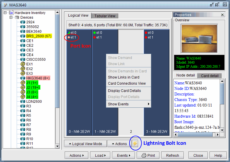 Network management software interface showing hardware inventory, logical layout with port statuses, and device properties for IT monitoring.