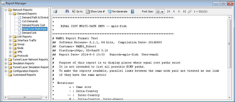 Report Manager interface showing network analysis reports. Left panel lists report types like Network and Demand Reports. Right panel shows Equal Cost Multi-Path report details, focusing on MPLS network paths.