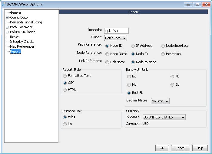 Software interface for IP/MPLSView Options Report settings with fields for Runcode mpls-fish, Owner Don't Care, Path Reference, Node Reference, Link Reference, Report Style, Bandwidth Unit, Distance Unit, and Currency. Buttons for OK, Cancel, and Help are at the bottom.