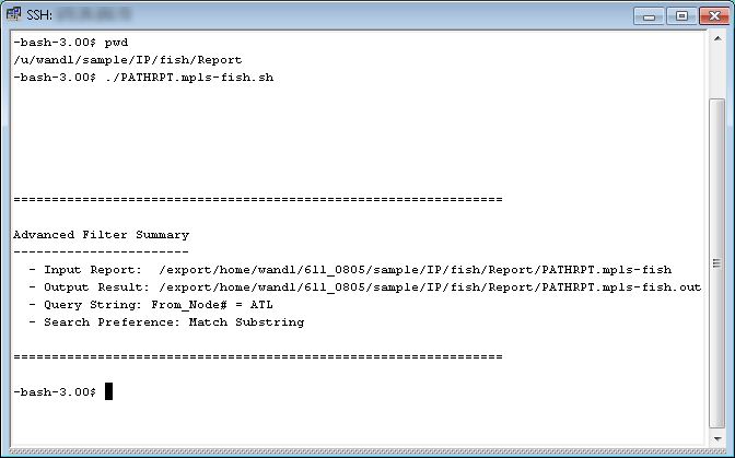 SSH terminal session on Windows displaying commands and outputs. pwd shows directory u/wandl/sample/IP/fish/Report. PATHRPT.mpls-fish.sh script runs, outputs Advanced Filter Summary with input report, output results, query string From_Mode# = ATL, and search preference Match Substring. Terminal returns to prompt.