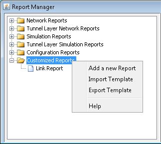 Report Manager interface with report categories list. Customized Reports folder selected with context menu options: Add new Report, Import Template, Export Template, Help.
