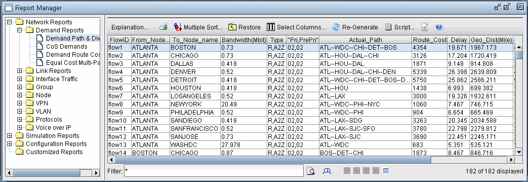 Report Manager interface screenshot showing a table of network flow data such as FlowID, source and destination nodes, bandwidth, routing path, cost, delay, and geographical distance. Left panel lists report categories with Demand Path and Diversity report selected. Toolbar includes options like Explanation, Multiple Sort, and Filter field at the bottom for data narrowing.