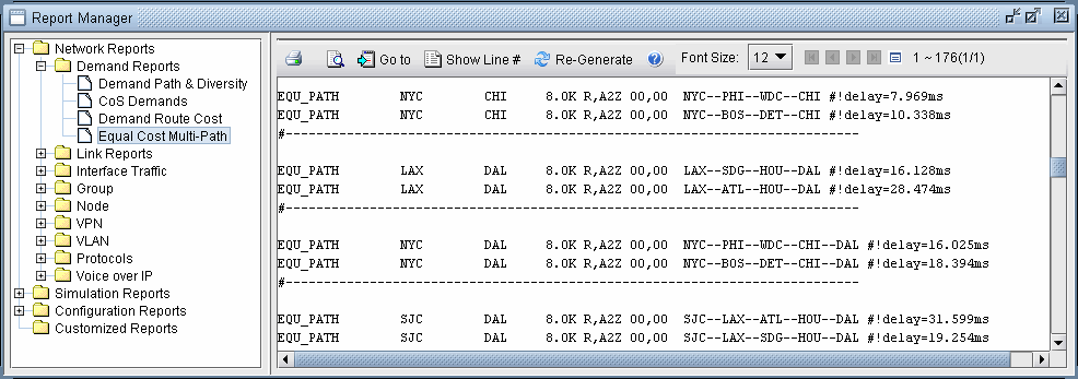 Report Manager interface showing selected Equal Cost Multi-Path report. Left panel lists report categories; right panel details paths, metrics, and delays.