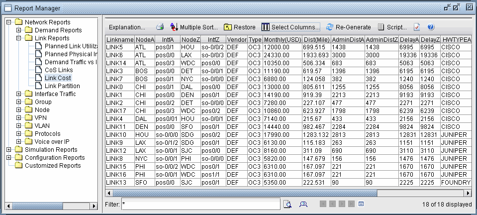 Screenshot of Report Manager interface displaying a table with network link details like names, nodes, interfaces, costs, and distances.