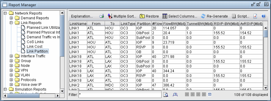 Report Manager interface with hierarchical menu of report categories and detailed Link Partition data table displaying network link metrics such as bandwidth and flow counts.