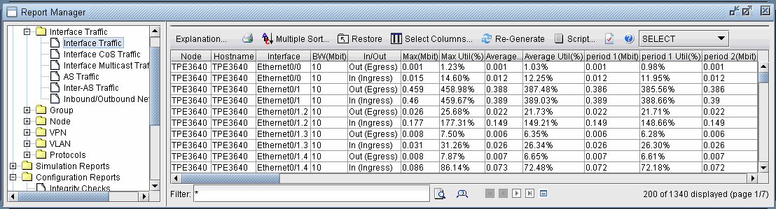 Network monitoring tool interface displaying a Report Manager window for analyzing network traffic data across nodes and interfaces.