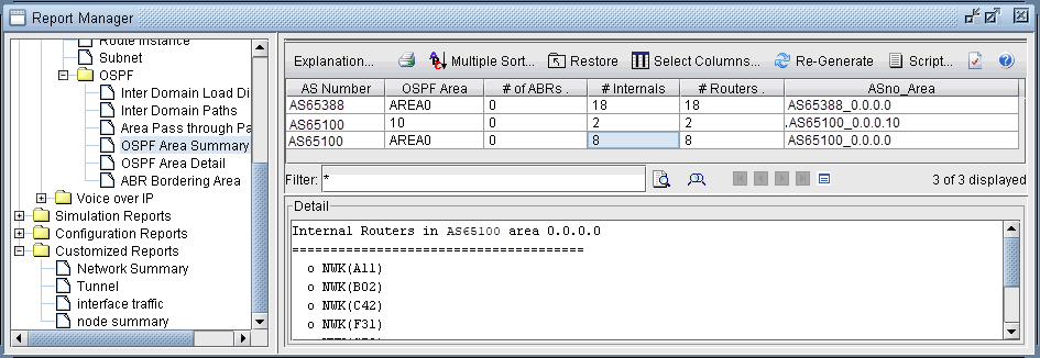 Screenshot of a network tool displaying an OSPF Area Summary report with AS numbers, area identifiers, and router counts.