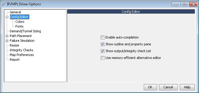 Software configuration window titled IP/MPLSView Options with tree menu on left and Config Editor settings on right.
