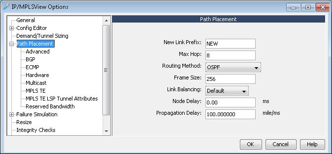 IP/MPLS View Options window showing Path Placement settings with New Link Prefix set to NEW, Max Hop set to 8, Routing Method set to OSPF, Frame Size 256, Link Balancing Default, Node Delay 0.00 ms, and Propagation Delay 100.000000 mile/ms. Save changes with OK or discard with Cancel.