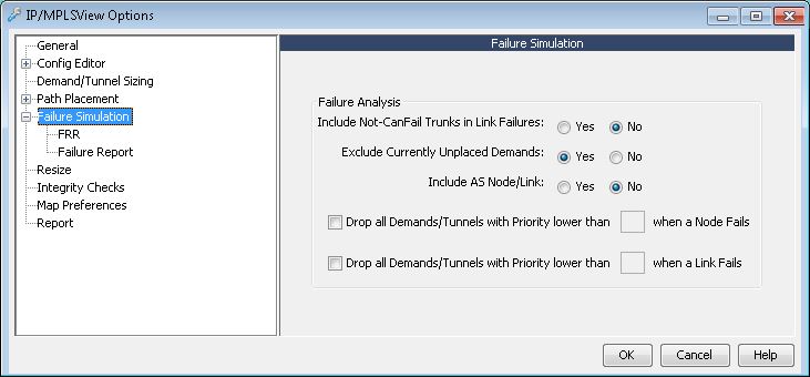 IP/MPLSview Options window showing Failure Simulation settings, including failure analysis options and priority-based demand or tunnel drop settings.