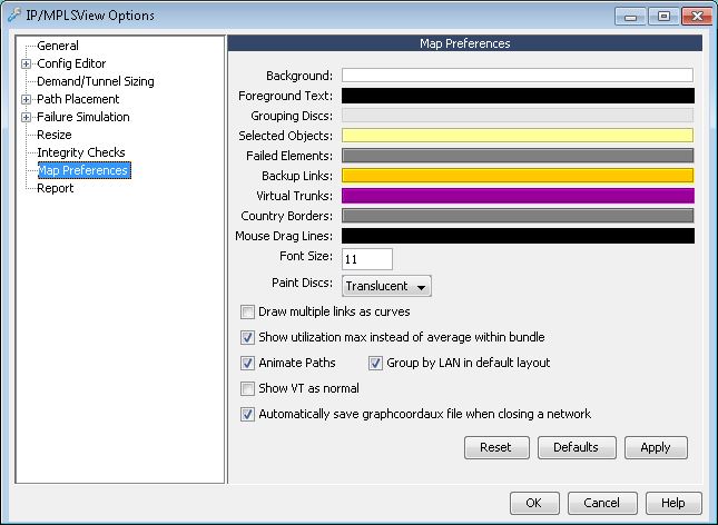 IP/MPLSView Options window for configuring network map preferences; includes color and font settings, feature checkboxes, and apply/reset buttons.