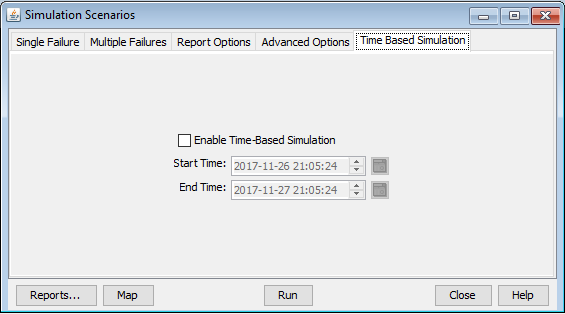 Simulation interface with tabs for Single Failure, Multiple Failures, Report Options, Advanced Options, and Time Based Simulation. Time Based Simulation tab is selected with unchecked enable option and specified Start Time 2017-11-26 21:05:24 and End Time 2017-11-27 21:05:24. Buttons: Reports, Map, Run, Close, Help.