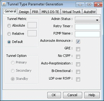Configuration window for network tunnel setup with options for Tunnel Metric, Admin Status, Retry Timer, P2MP Name, and checkboxes for Autoroute Announce, GRE, No CSPF, Auto-Reoptimization, Bi-Directional, and LDP over RSVP. Includes tabs for General, Design, FRR, MPLS DS-TE, Virtual Trunk, and AutoBW, with OK, Cancel, and Help buttons.