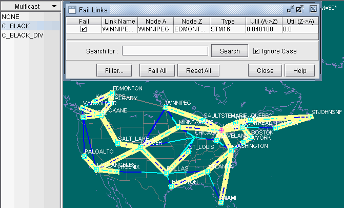 Network management interface showing a map of North America with a network topology overlay. Nodes and links connect cities, highlighting a failed STM16 link between Winnipeg and Edmonton with utilization metrics.