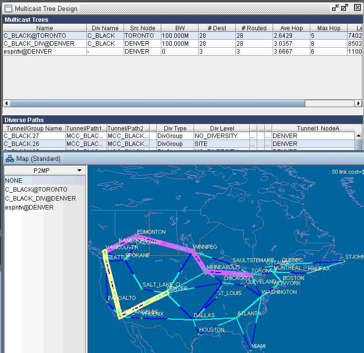 Network tool interface for multicast tree design and diverse path analysis. Top panel lists multicast trees with details like name, source node, bandwidth, and hop count. Middle panel shows tunnels and paths with diversity types and nodes. Bottom map displays network topology across North America with nodes as cities and colored lines as network links. Left panel dropdown for selecting multicast trees or paths for map visualization.