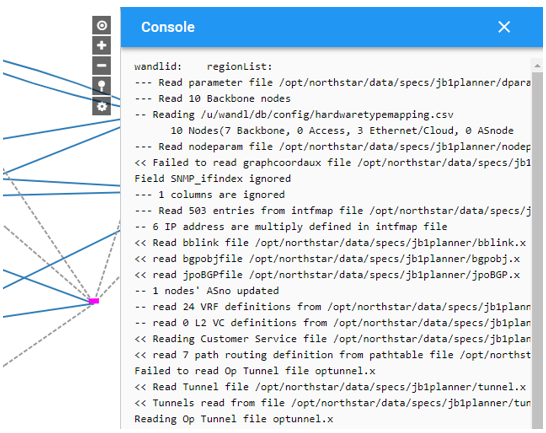Network visualization tool with a topology on the left and console logs on the right mentioning file read errors and network configurations.