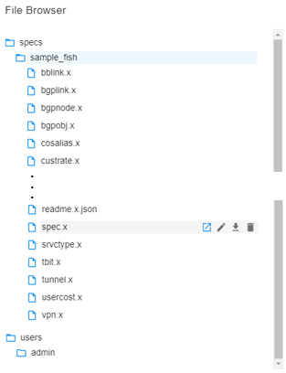 File browser interface showing a specs folder with .x files and a sample_fish subfolder. Users folder contains admin subfolder.