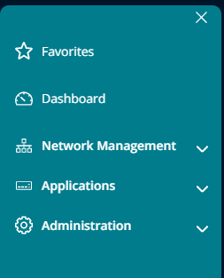 Sidebar menu with options: Favorites, Dashboard, Network Management, Applications, Administration, some with dropdown arrows.