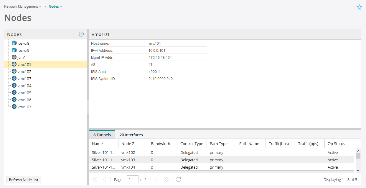 Screenshot of a network management interface showing node details for vmx101 with IP 10.0.0.101, AS 11, and tunnels connected to vmx102, vmx103.