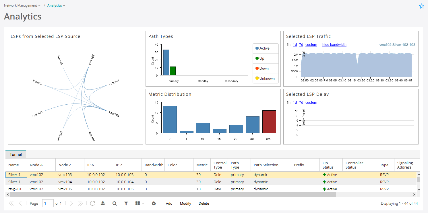 Network analytics dashboard showing Label Switched Paths. Includes network topology, path types chart, traffic and delay graphs, metric distribution, and LSP details table.