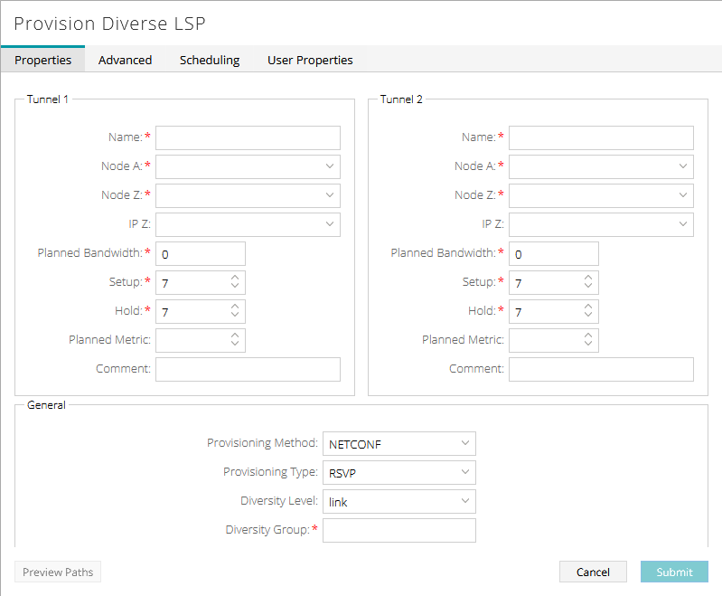 Configuration interface for provisioning Label Switched Paths in a network, featuring fields for tunnel names, nodes, IP addresses, bandwidth, RSVP settings, metrics, and comments. General section includes NETCONF and RSVP settings, link diversity, and diversity group. Options to preview, cancel, or submit configuration.
