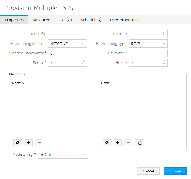 Configuration interface for provisioning multiple Label Switched Paths in a network, showing selected Properties tab with fields for ID Prefix, Count, Provisioning Method, and more.
