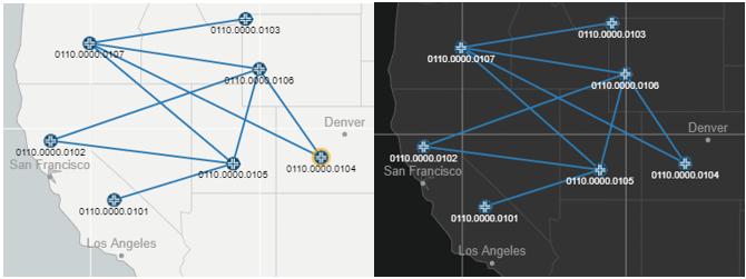 Network topology map showing nodes labeled with identifiers connected by blue lines over a geographic region of the western US.