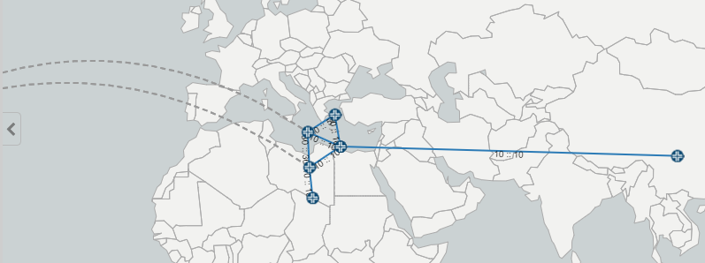 Map showing routes connecting locations in the Middle East, North Africa, Asia, and dashed lines to Europe, indicating trade or communication links.