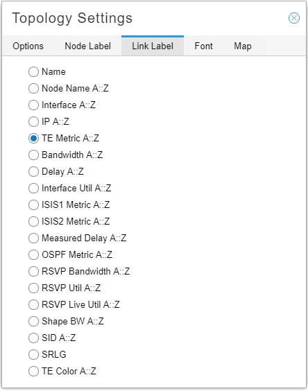 Topology Settings dialog box under Link Label tab with options for link attributes like Name, Node Name AZ, TE Metric AZ selected.
