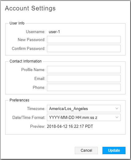 Account settings form with sections for user info, contact info, and preferences. Two buttons: Cancel and Update.