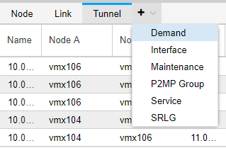 Software interface for network management with a table labeled Name, Node A, Node B, showing entries like 10.0... and vmx106. Menu bar includes Node, Link, Tunnel, and expanded + sign with options Demand, Interface, Maintenance, P2MP Group, Service, SRLG.