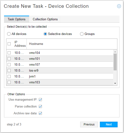 Create New Task interface for Device Collection with options to select all, selective, or group devices. Step 2 of 3, selective option active.