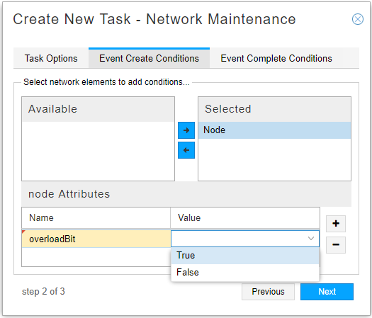 Network Maintenance Task, Event Create Conditions Tab