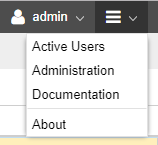 Dropdown menu for admin user with options: Active Users, Administration, Documentation, About.