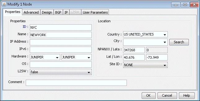 Modify 1 Node window in network software. Tabs: Properties, Advanced, Design, BGP, IP, L2SW, User Parameters. Node ID: NYC. Name: NEWYORK. Hardware: JUNIPER. Country: US UNITED_STATES. Latitude: 40.676. Longitude: -73.949. Buttons: Search, OK, Cancel, Help.