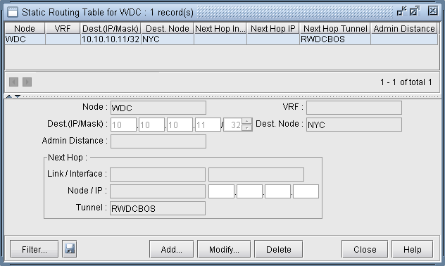 Static routing table interface for node WDC with one entry: destination 10.10.10.11/32, destination node NYC, next hop tunnel RWDCBOS. Options to filter, add, modify, delete entries.