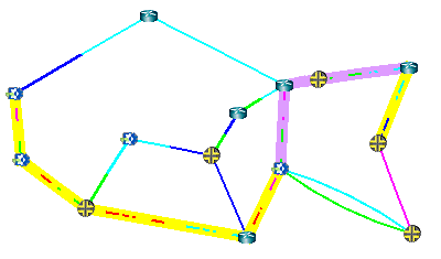 Network graph with nodes representing devices and colored edges indicating different connection types or properties.
