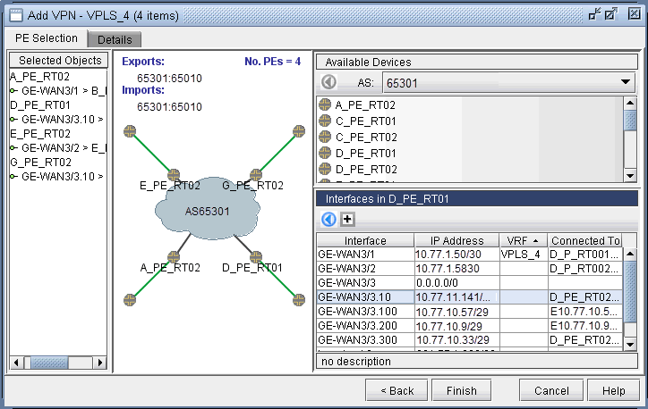 Network configuration interface for setting up VPLS with PE routers labeled A_PE_RT02, C_PE_RT01, E_PE_RT02, and D_PE_RT01 connected to AS 65301. Options to add, finish, or cancel the configuration.