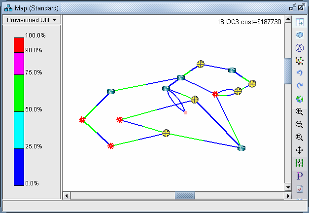 Network topology map showing nodes as routers and links as fiber connections. Lines are color-coded for utilization, with red indicating high use. Cost details for 18 OC3 circuits displayed.