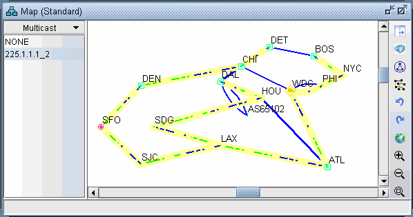 Network topology map showing nodes labeled with city abbreviations like SFO and ATL connected by links. A multicast group 225.1.1.1_2 is noted, indicating multicast routing or traffic analysis.