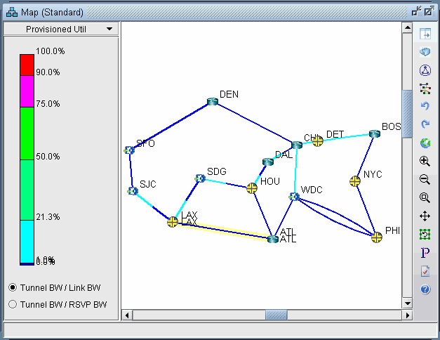 Network map with nodes labeled by airport codes like SFO and DEN, showing color-coded connections by bandwidth use from blue to red.