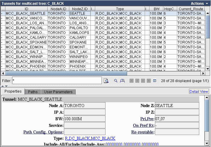 Network management tool showing multicast tunnel details for network C_BLACK, including tunnel ID MCC_BLACK_SEATTLE, nodes TORONTO to SEATTLE, type R_DC_BLACK,MCC_BLACK, bandwidth 100.0M, and current route TORONTO-SEATTLE.