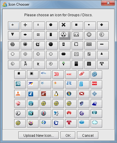 Software interface titled Icon Chooser for selecting icons for Groups / Discs with grid of icons, upload option, OK and Cancel buttons.